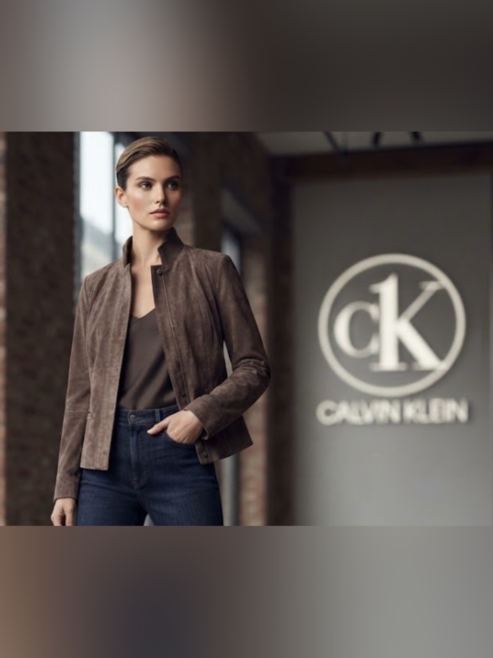 Authentic Calvin Klein designer brown distressed suede leather jacket coat Sz S